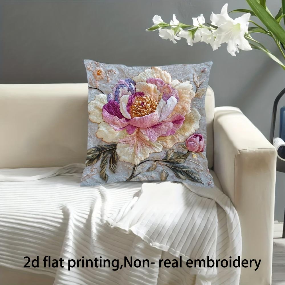 1Pc Zen Style Peony Floral Pillow Cover, 2D Double-Sided Print Polyester Throw Pillow Case, Traditional Chinese Art Decor, Elega