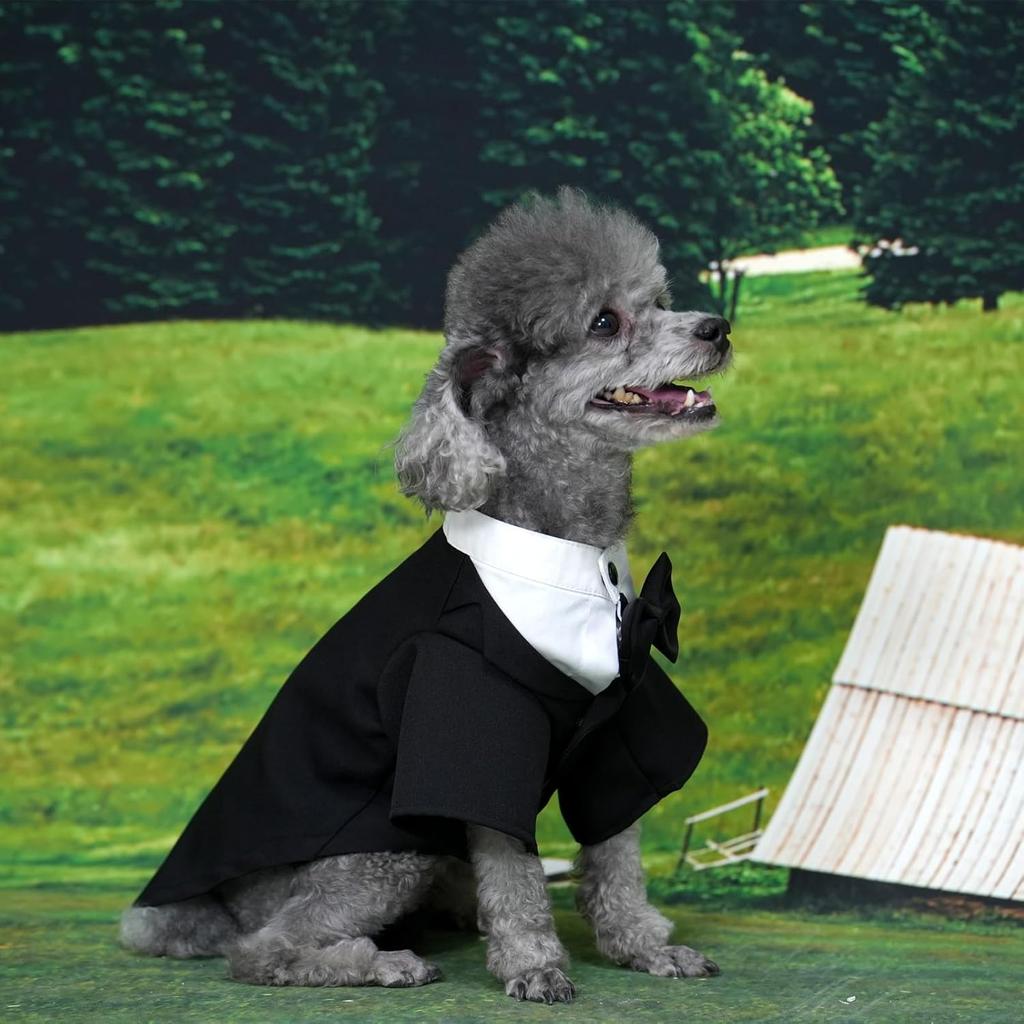 Dog Tuxedo Suit, Formal Pet Shirt Costume Wedding Attire with Black Bow Tie, Pet Outfit Apparel for Small Dogs Cats (Black, Large)