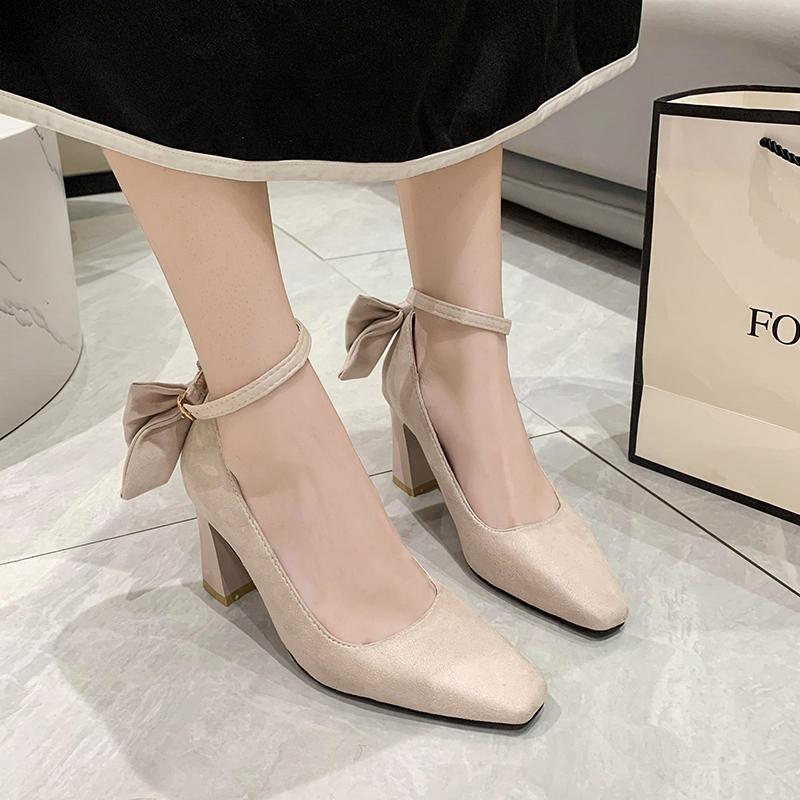 

Fashion Elegant French Style Women s Shoes Versatile Bow Design High Heel Low Heel Spring Autumn New Arrival Rubber Upper Material 35 бежевый