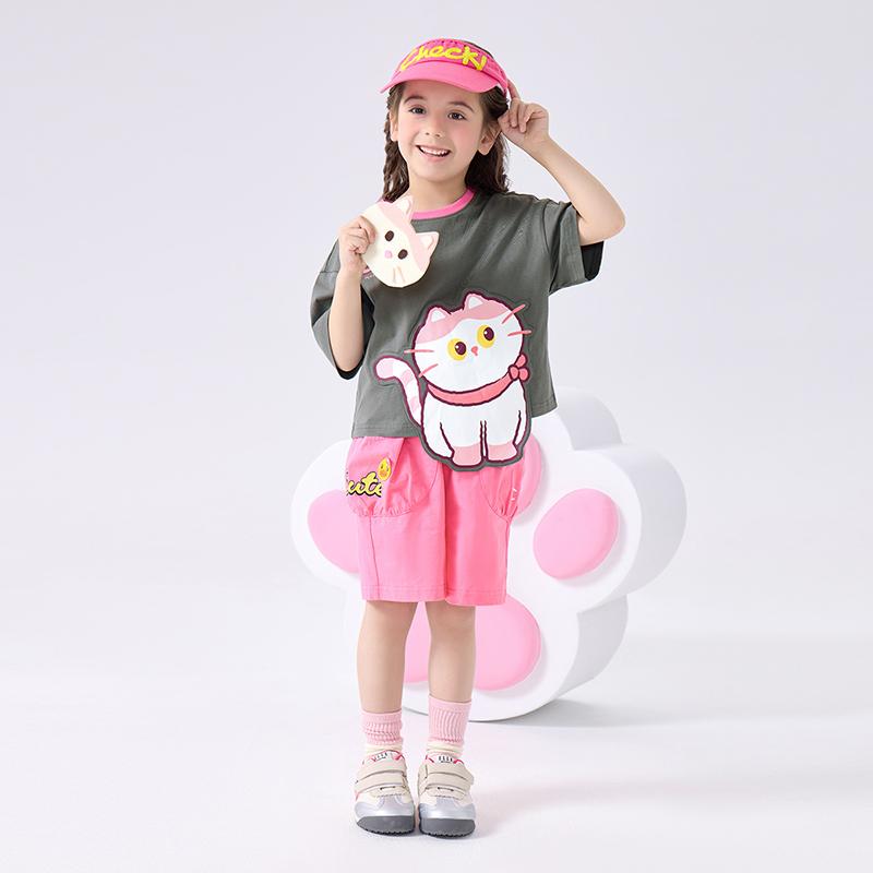 B. Duck Children's Clothing Girls' Summer New Short Sleeved Top Cute and Playful Cat T-shirt for Middle and Small Children