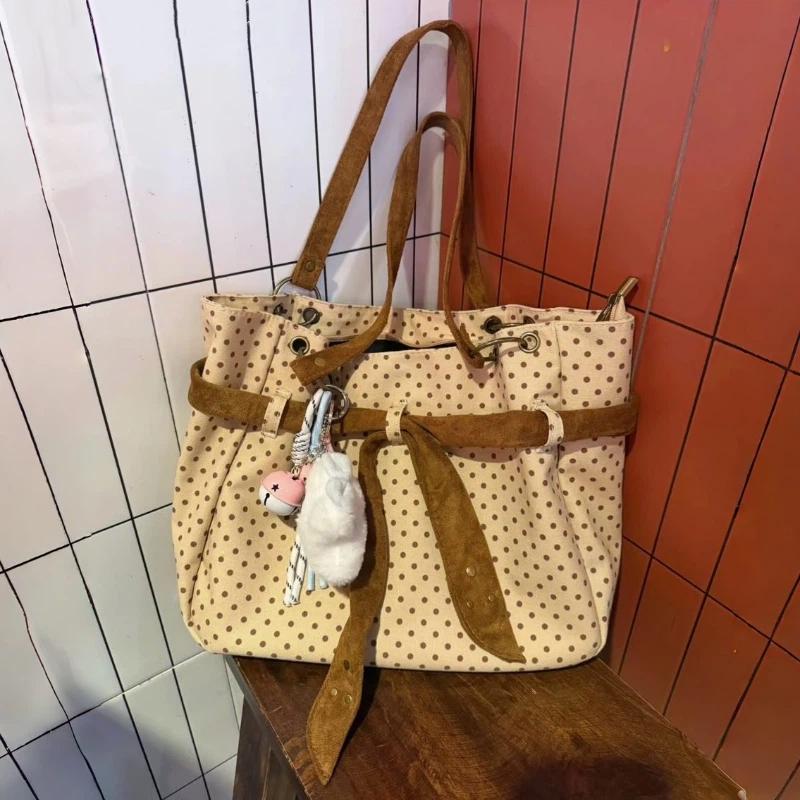 Vintage Polka Dot Canvas Tote Bag With Bow Detail Large Capacity Korean Style Shoulder Bag Daily Commut School Handbag For Women