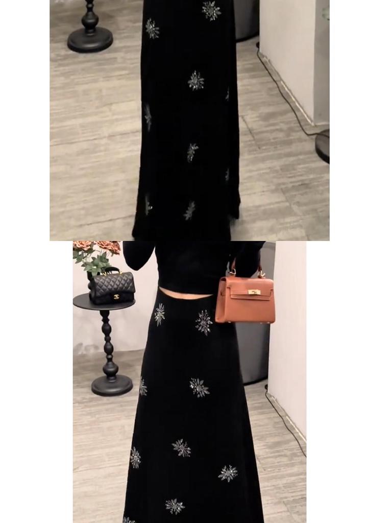 2025 Autumn French Design Black A-line Rhinestone Drape Skirt - Women's Slimming, Versatile, Long Half-Skirt