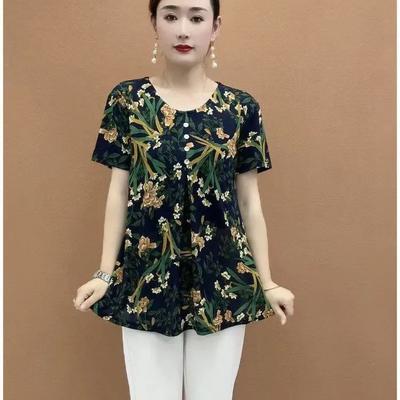 Damen Sommer Übergröße Locker Kurzarm T-Shirt Mittelalterliche und Ältere Mutter Temperament Rundhals Bluse