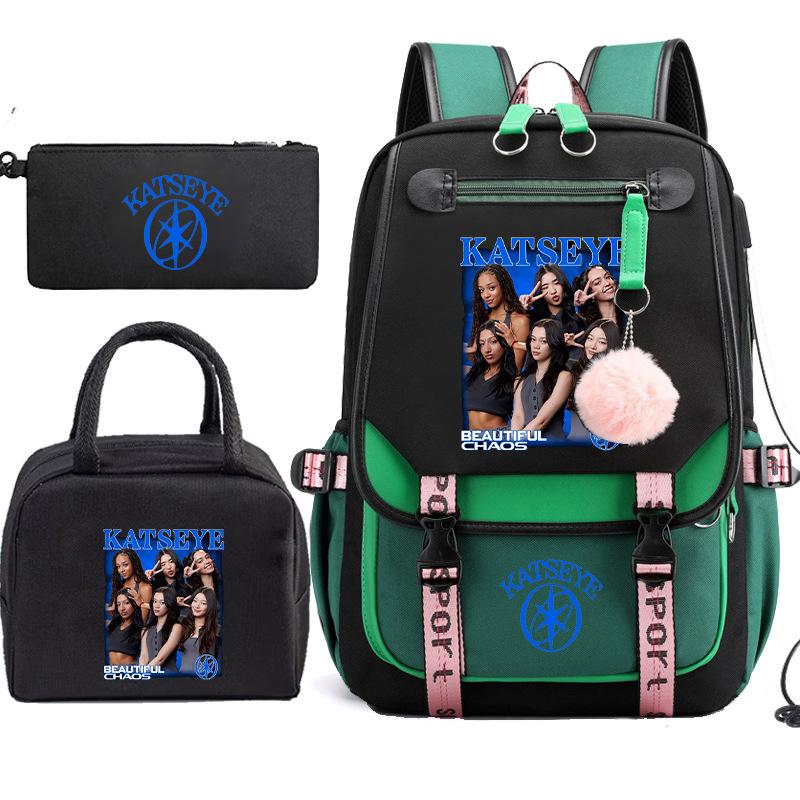 Katseye Girl Group Print 3-Piece Set Backpack, Color Block Anti-Gravity School Student Bookbag Large Capacity Lightweight Water-Resistant