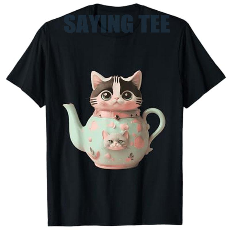 Süße Katze Pastell Teekanne Katzen-Teeliebhaber Neuheit Y2k Design T-Shirt Damenmode Streetwear Kleidung Kitty Grafik-T-Shirt Top
