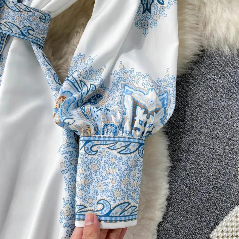 Women Long Sleeve Printed Bohemia Casual Vacation Midi A Line Dress