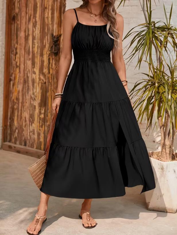 2026 Spring/Summer European & American Spaghetti Strap Layered Waist-cinching Solid Color Women's Long Dress
