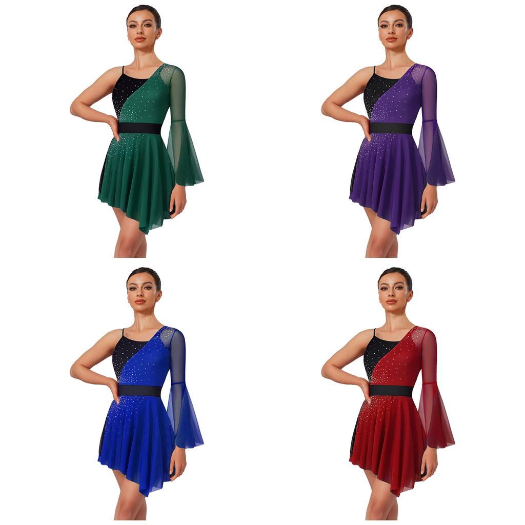 One-Sleeve Modern Dance Leotard for Women S-XXL: Shiny Color Block Dress with Mesh Insert, Irregular Hem & Built-in Shorts