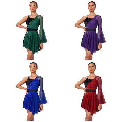 One-Sleeve Modern Dance Leotard for Women S-XXL: Shiny Color Block Dress with Mesh Insert, Irregular Hem & Built-in Shorts