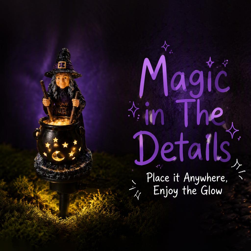 Dark Atmosphere Night Light Solar Witch Statue with Glowing Cauldron, Outdoor Halloween Garden Light, Party Decorations Resin Decorative Figurine