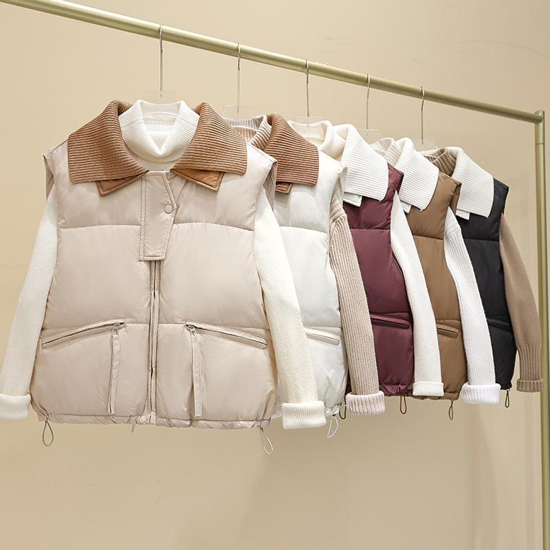 PU knitted collar down cotton vest women's autumn and winter short loose cotton vest cotton jacket vest stand collar vest outside