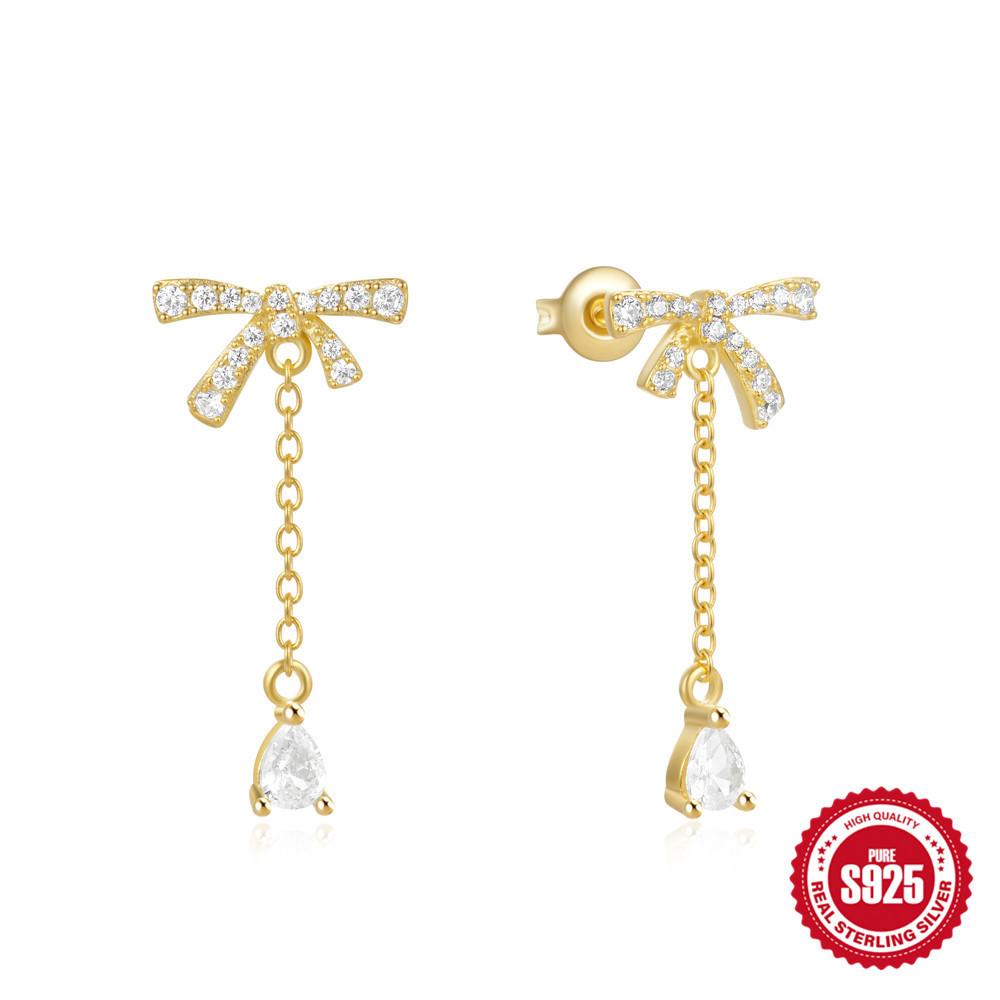Fashion Jewelry 925 Sterling Silver Earrings Bowknot LOVE Drop Diamond Opal Long Tassel Chain Gold Plated Stud Earrings Women