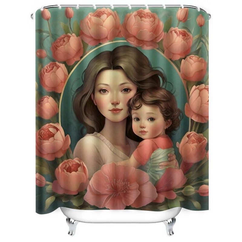 Charming Mother And Child Floral Shower Curtain - Waterproof, Mildew-Resistant, Machine Washable For Elegant Bathroom Decor