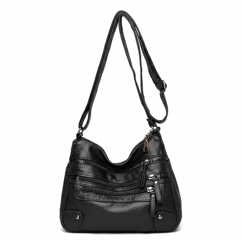 

Large Capacity Crossbody Bag Soft Leather Multi-Pocket Messenger Satchel Bag Zipper Closure Shoulder Bag Middle-Aged Women чёрный
