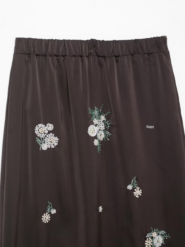 European Women's Beaded Sequin Embroidered Silk Satin Lace Trim Midi Skirt