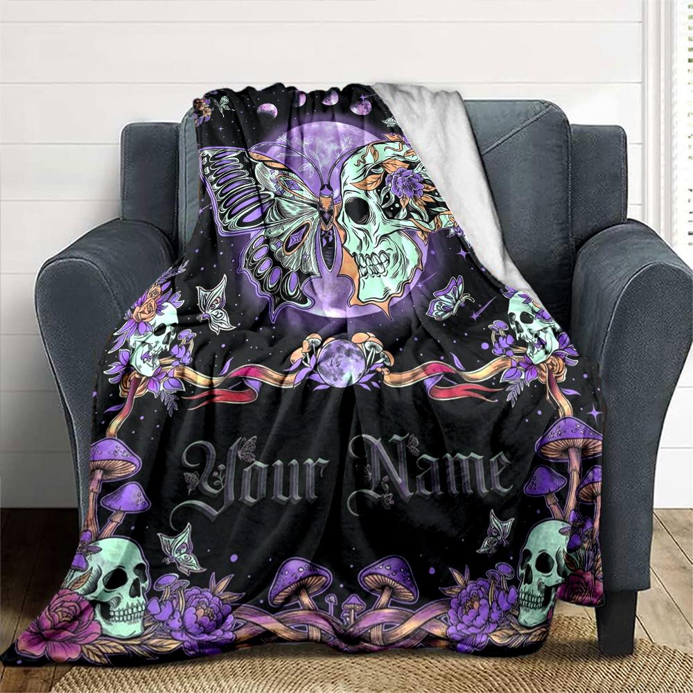 Name Custom Skull and Butterfly Print Flannel Blanket High Quality Warm Comfortable Cover for All Seasons Perfect for Gifts Home Decor