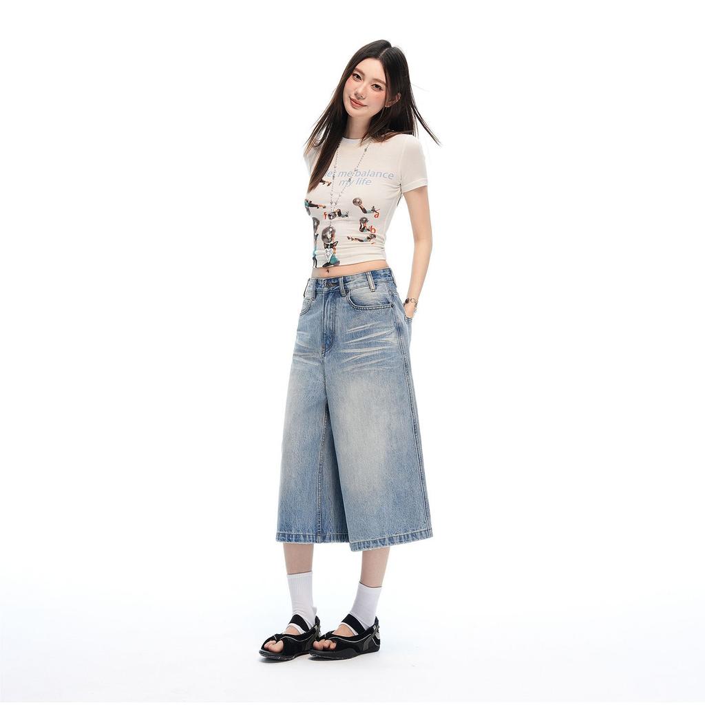 Trendy Summer Slub Textured Heavy Washed High Waist Loose Straight Denim Cropped Capri Pants Versatile Slimming FigureFlattering Casual Trousers