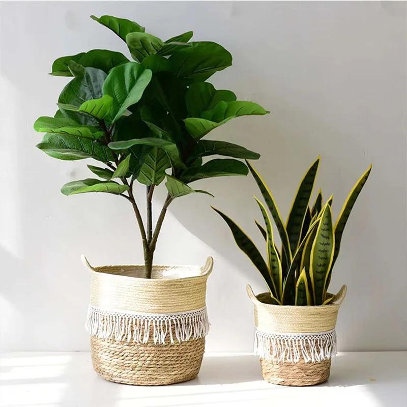 Nordic-style Rattan-woven, Straw-woven Flower Basket, Bamboo-woven Planter for Green Plants, Floor-standing Willow-woven Plant