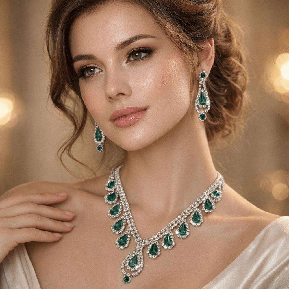 Crystal Water Drop Necklaces Geometric Pendant Necklace Earrings Set Evening Dress