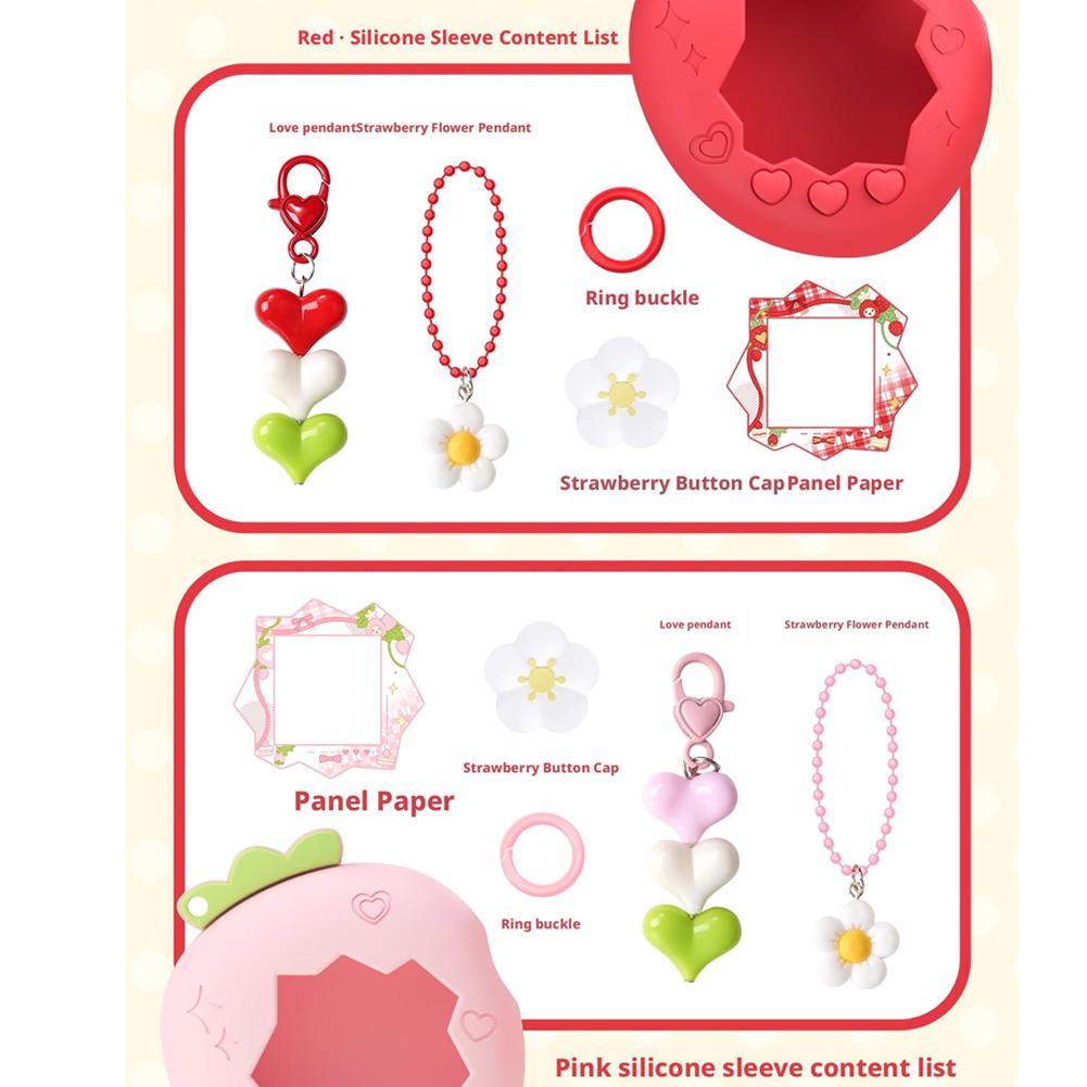 Silicone Protective Cover with Panel Paper Pendant Red Pink Strawberry Decorative Cover Knob Cover for Tamagotchi Paradise