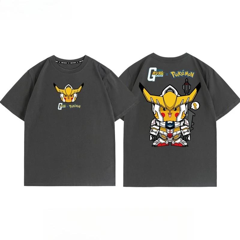 Pokémon Joint Mobile Suit Gundam Cartoon Short Sleeve Top Anime Peripheral Mens and Womens Summer TShirt Top Clothing