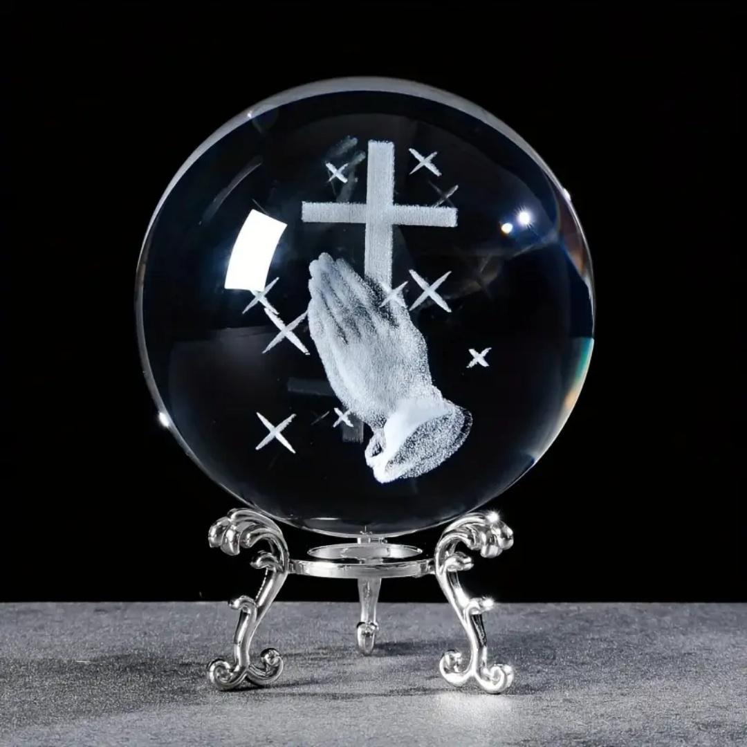 

3D Crystal Ball Sculpture Handmade Prayer with Cross Religious Gift Glass Spherical Home Decor Small Statue Silver Base Christia 2.36inch