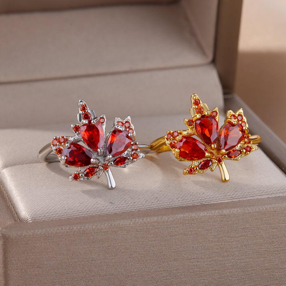 Zircon Maple Leaf Rings For Women Stainless Steel Gold Color Opening Plant Ring Fashion Korean Wedding Party Jewerly Gift