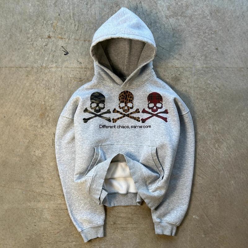 European and American Street Skull Print Gray Retro Casual Hoodie
