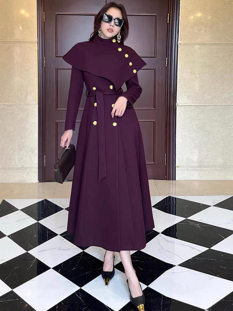 Elegant Two-Piece Shawl Cape & Coat with Belt and Buttons - Fashionable Dress Style