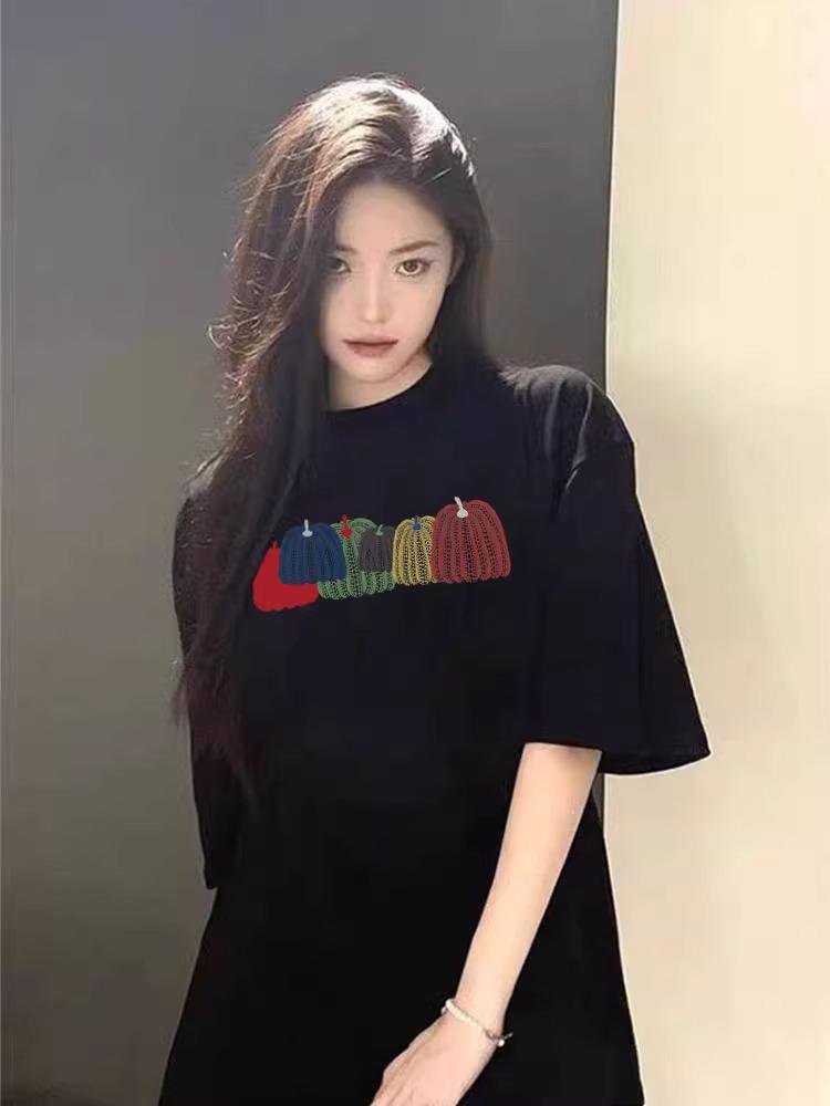 Women's Pure Cotton Black Short Sleeve T-Shirt - 2025 New Summer Style, Straight Shoulder, Loose Fit.