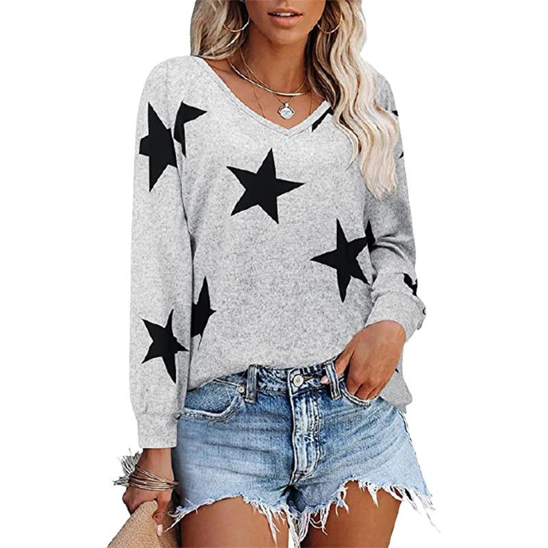Autumn and Winter New Female Five-pointed Star Print V-neck Long-sleeved Sweater T-shirt