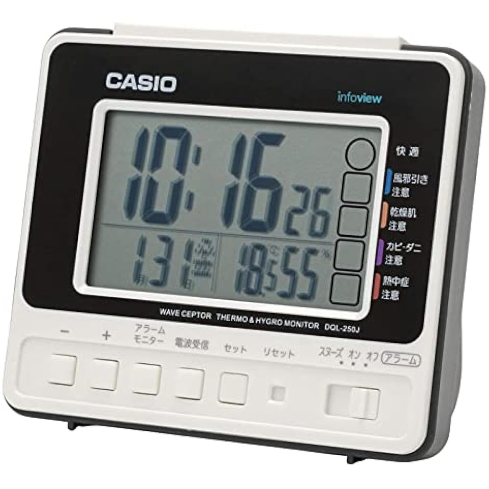 CASIO Alarm Clock, Radio-Controlled Clock, Table Clock, White, Digital, Snooze, Light, DQL-250J-7JF