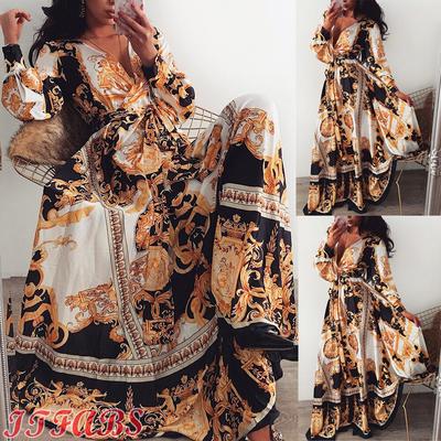 Vestido de noite estampado com decote em V, saia flare, sexy, vintage, floral, boêmio, maxi vestido solto, design exclusivo, elegante, praia, festa à noite