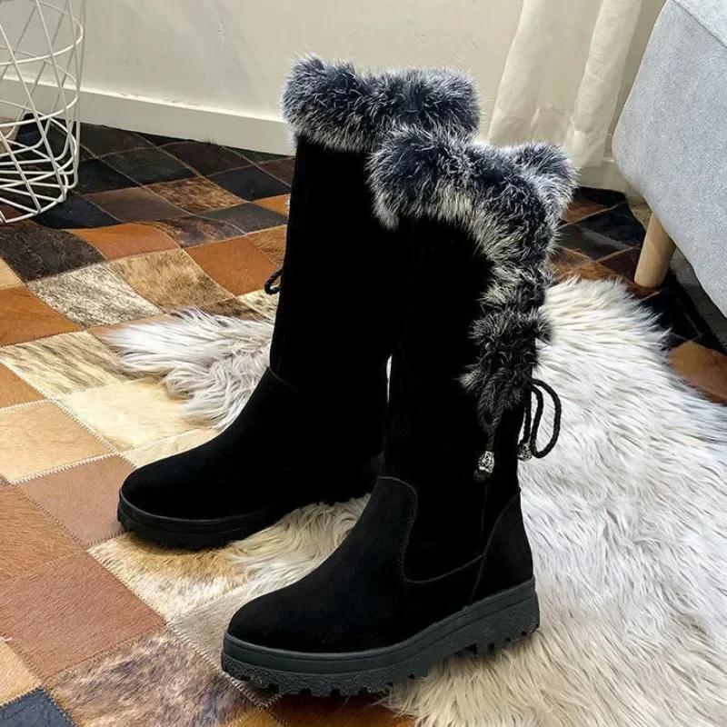 Mid Calf Shoes for Women Elegant With Low Heels Black Anti Skid Hot Quality Womens Half High Snow Boots on Slip Spring 2025 Lamb