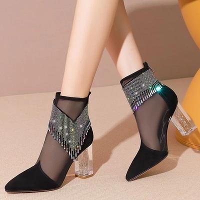 Sapatos Femininos Tamanho Grande Malha Botas Femininas Botins Retro de Tornozelo Femininos Franja de Cristal Bico Fino Salto Grosso Zíper Traseiro Sandálias