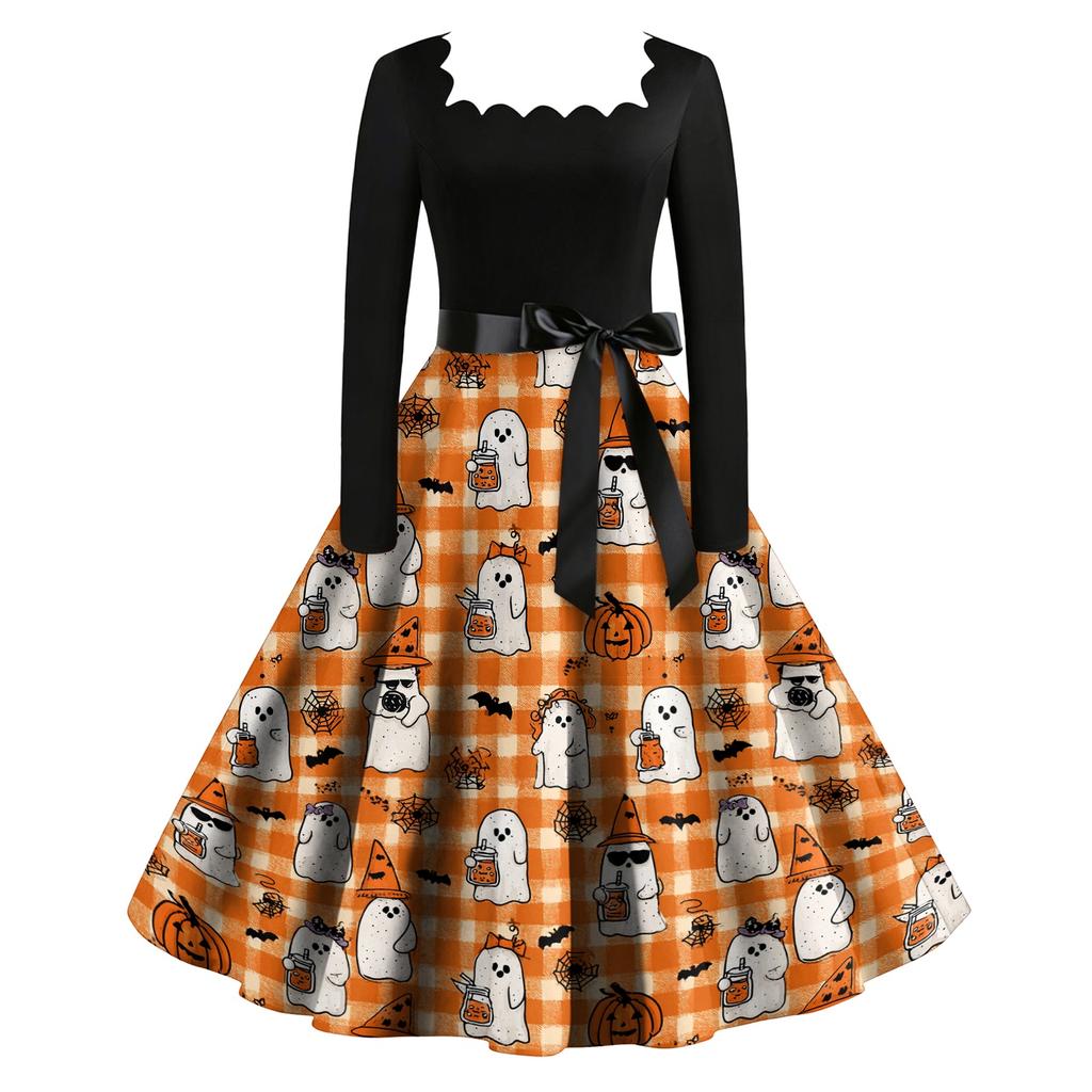 Vintage Long Sleeve Square Neck Halloween Party Dress with Printed Skirt and Waist Tie Retro Style Midi Dress for Women