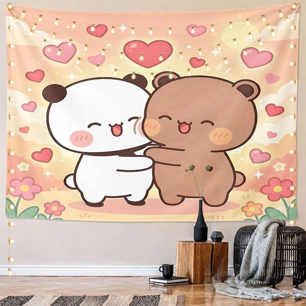 Cute Panda and Bear Hugging with Hearts Pattern Wall Hanging Tapestry Decorative Tapestry Home Decor for Bedroom and Living Room
