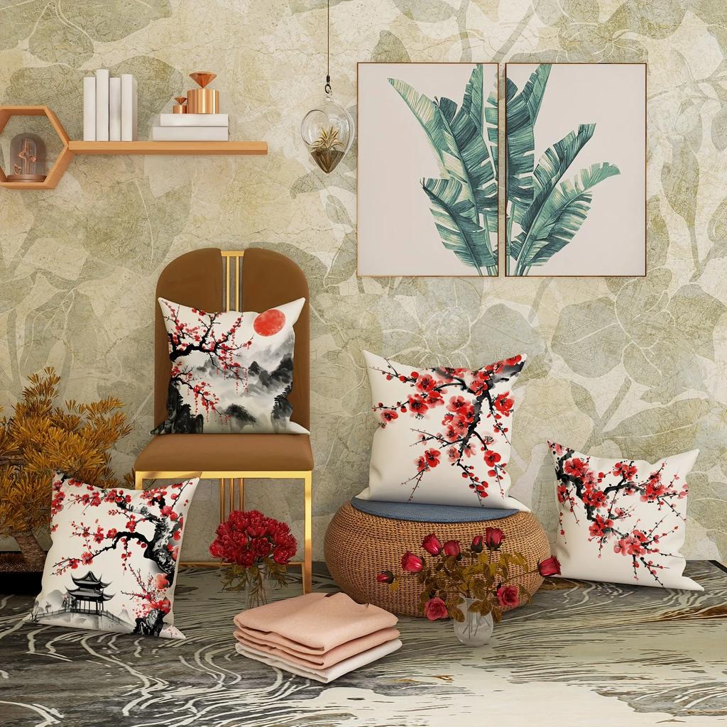 Ancient Style Plum Blossom Decorative Pillowcase, Ultra-soft Polyester Material Living Room Sofa Backrest Car Pillowcase