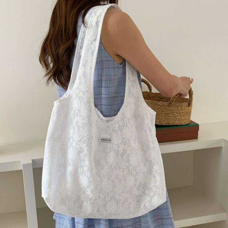 Korean Style Embroidered Lace Tote Bag Soft Square Shoulder Daily Wear