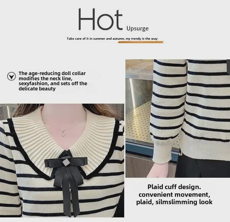 Women's Trendy Striped Long-Sleeve Collared Sweater - 2024 Autumn/Winter Fashion