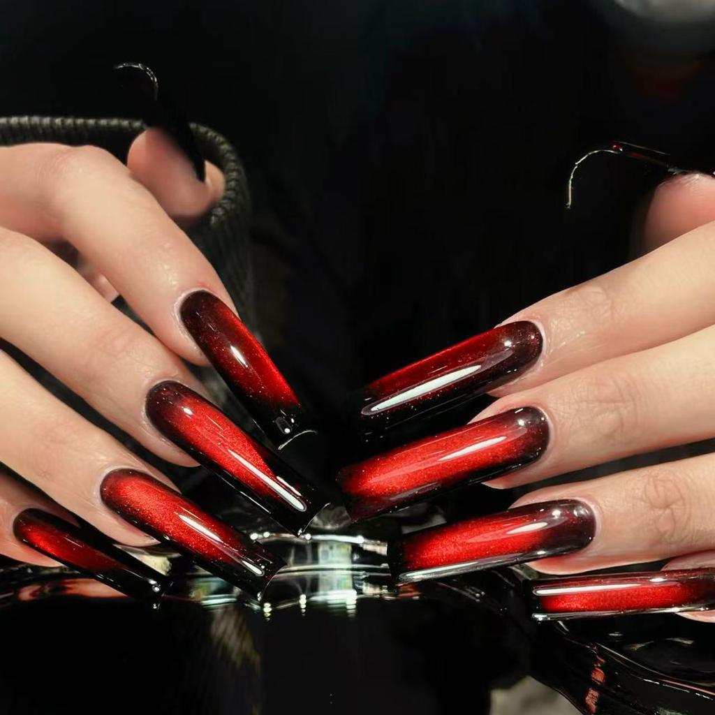 24pcs Autumn/Winter Red Cat Eye Gradient Long Glass Beads Press-on Nails - Shiny High-Grade Texture