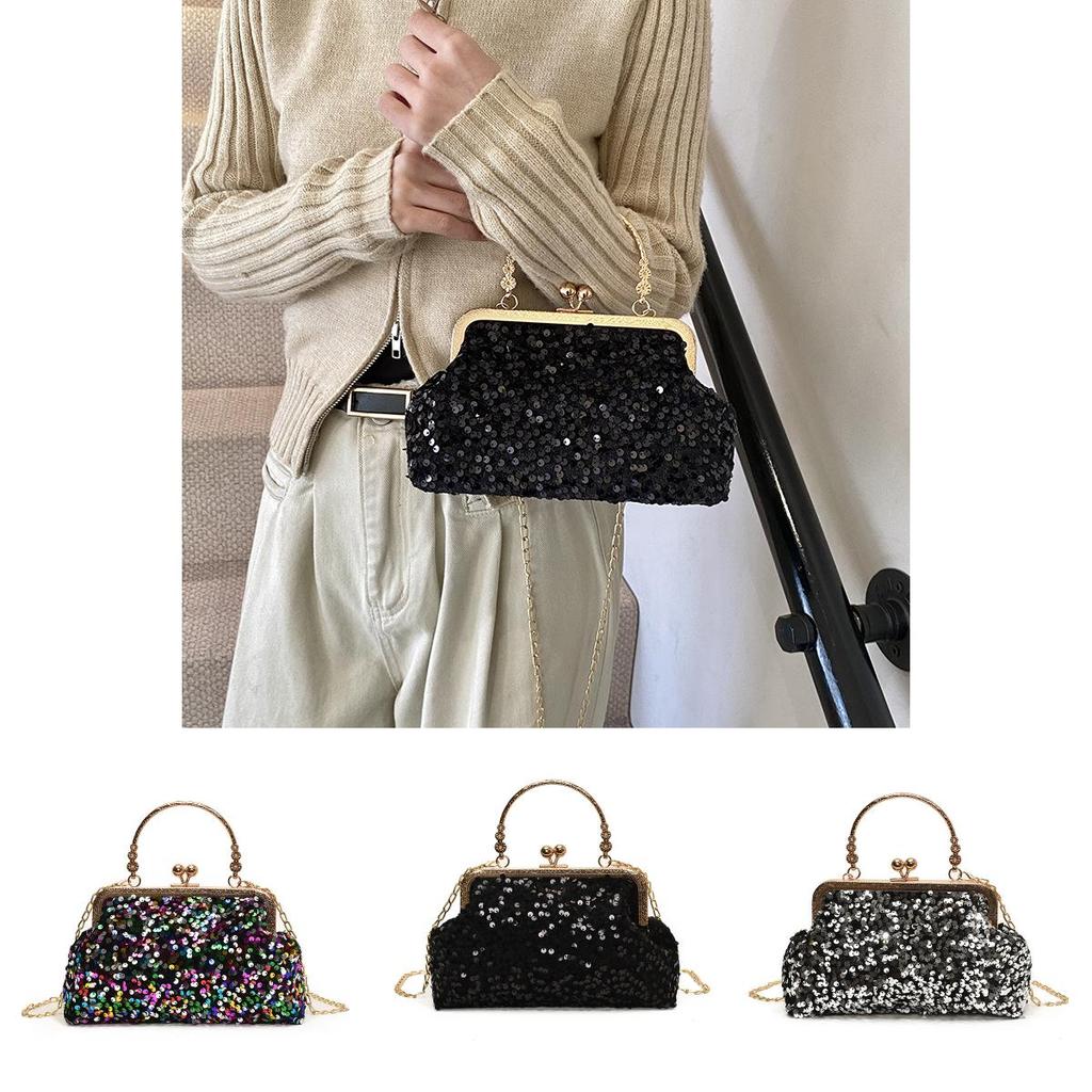 Sequin Evening Bag For Women With Chain Strap And Lock Closure For Party And Night Out
