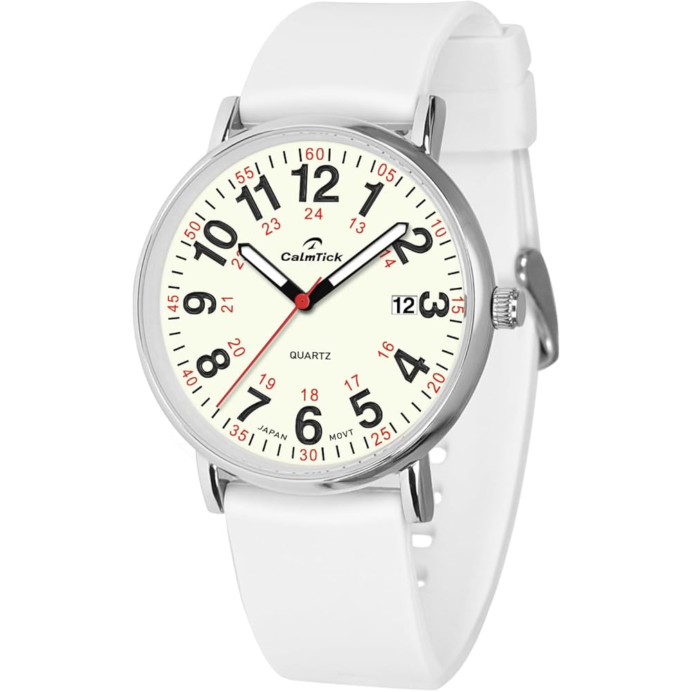 CalmTick Nurse Watch Analog Simple Cute Waterproof Luminous Unisex Silver White