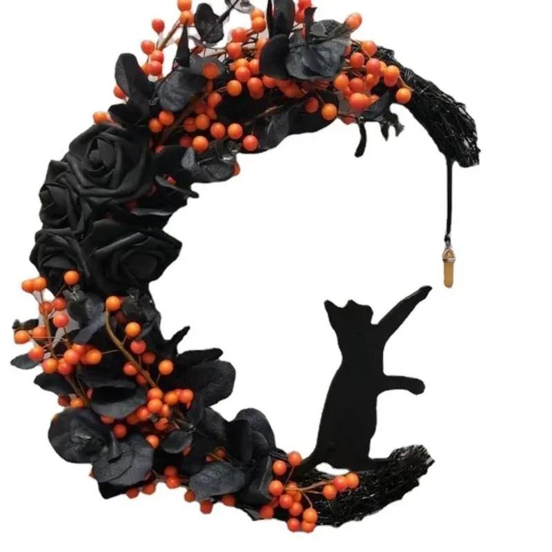 1 Pcs Halloween Moon Cat Garland With Rose Black Decorations Halloweens Garland Wreath For Front Door Door Decor