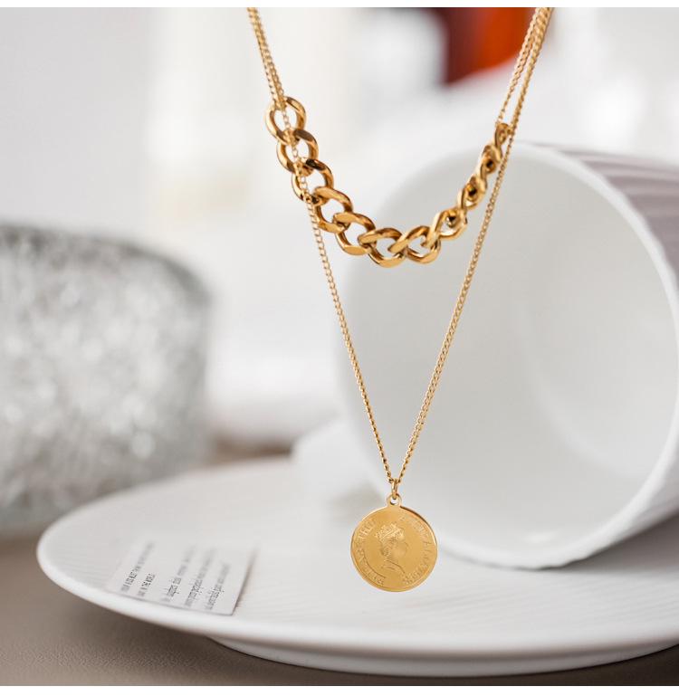 Women's Elegant Double-Layer Coin Chain Necklace, European American Retro Style, 18K Gold-Plated Titanium Steel Clavicle Jewelry