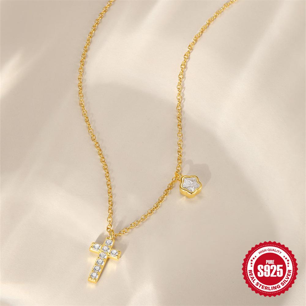 S925 Sterling Silver Delicate Floral Cross With Diamond Elements Premium Design Women'S Clavicle Necklace Women'S Clavicle Chain