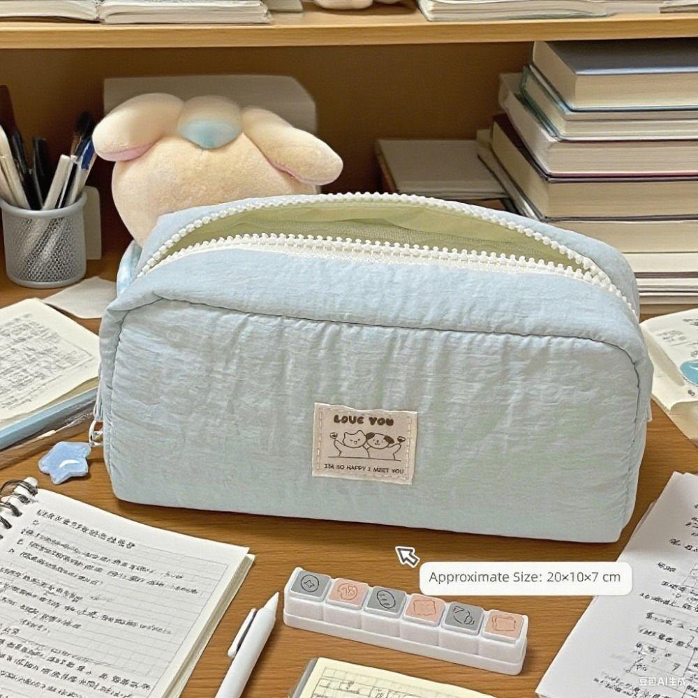 New Solid Color Pen Bag Large Capacity Canvas Pencil Case Cartoon Gift Stationery Bag Students