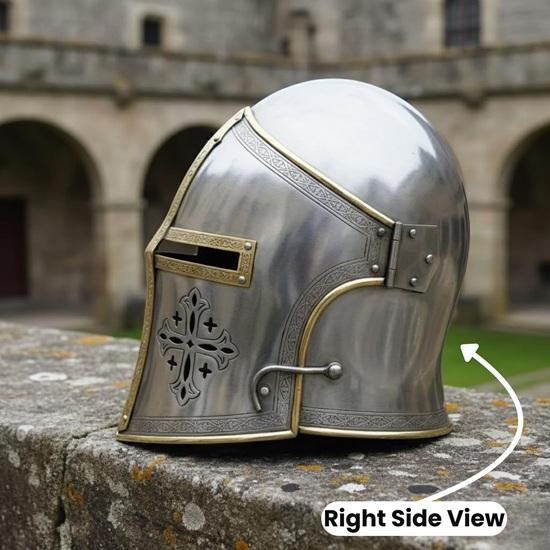 Medieval Knight Cross Helmet, Brass and Steel Barbuta Helmet, Crusader Templar Helmet, for LARP Cosplay, Renaissance Fair Gift