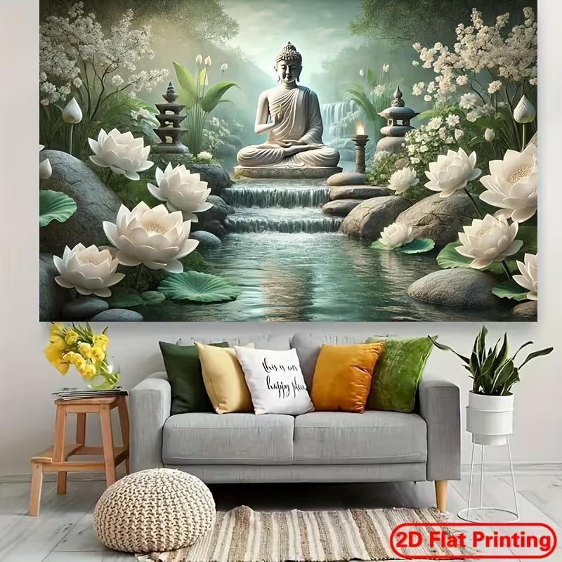 2D Buddhist Garden Backdrop for Spiritual Ceremonies, Peaceful & Whimsical Themes 47.2x31.5inch/120*80cm