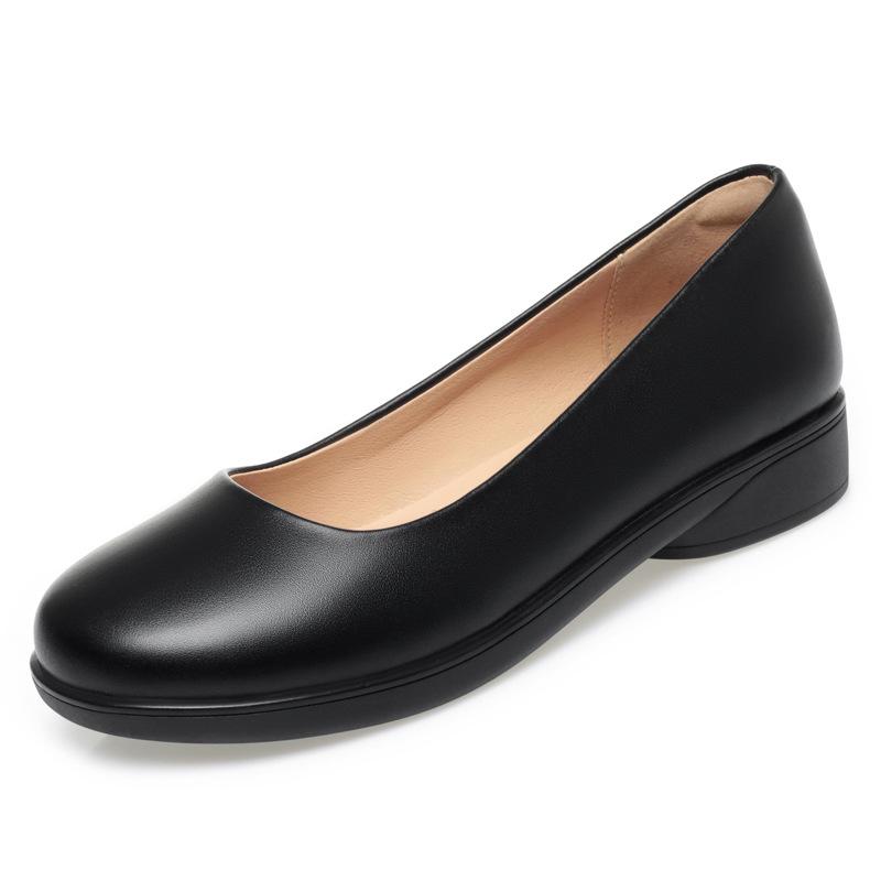 Women's Black Leather Non-Slip Flat Work Shoes - Comfortable Round Toe Design for Long Standing Hours, Soft Sole Professional Footwear.
